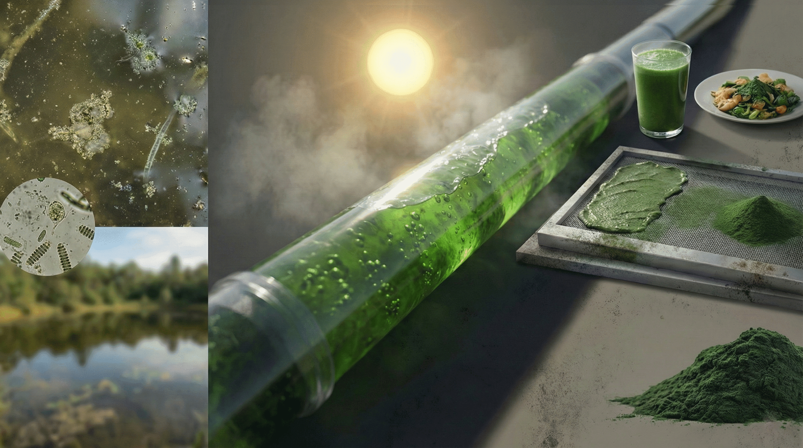 A montage of the four-step algae cultivation process, from sterile growth medium through a tubular photobioreactor to dried spirulina powder.