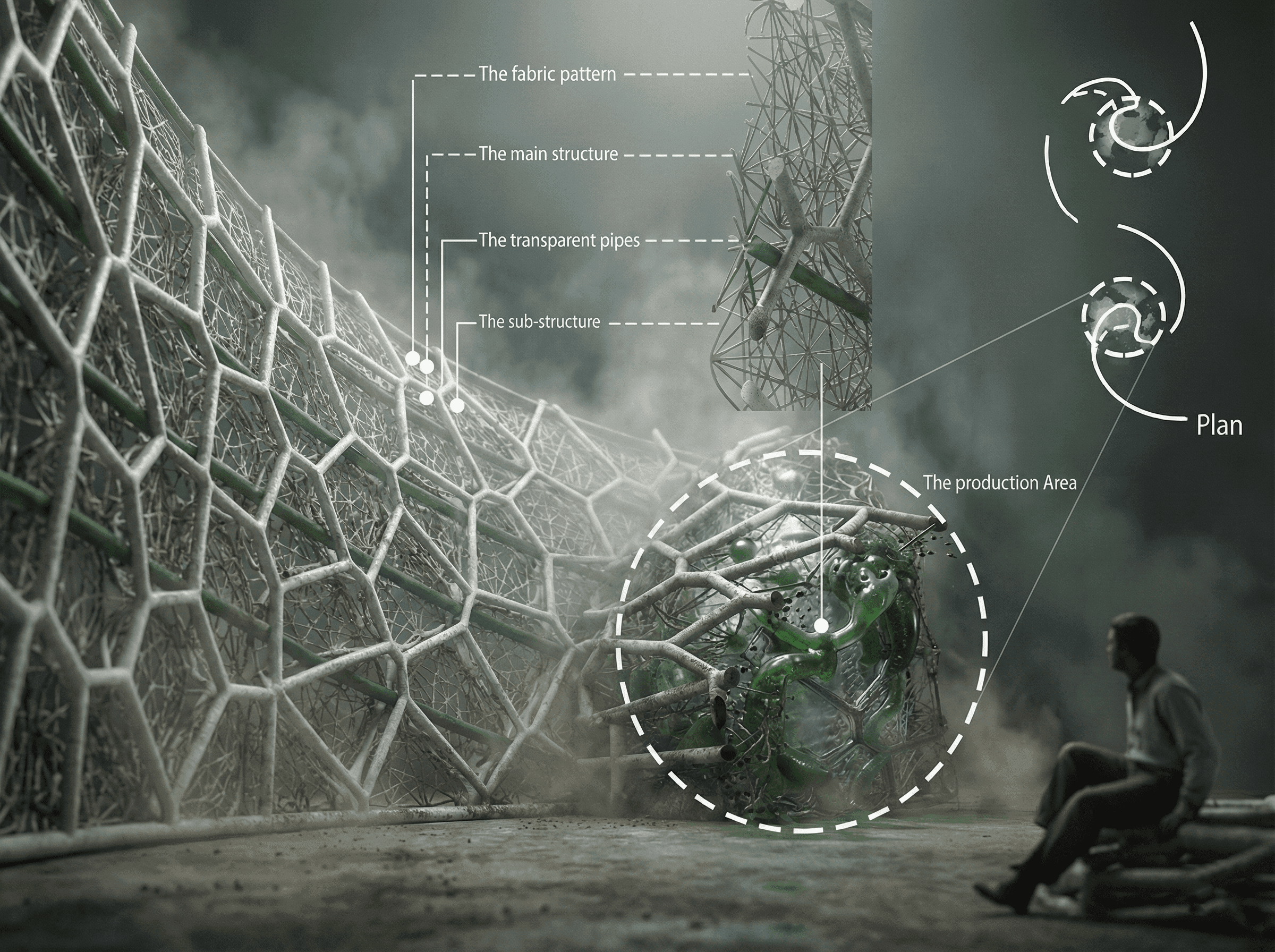 A labelled cutaway of the pavilion structure showing the fabric pattern, main structure, transparent pipes, sub-structure and production area.