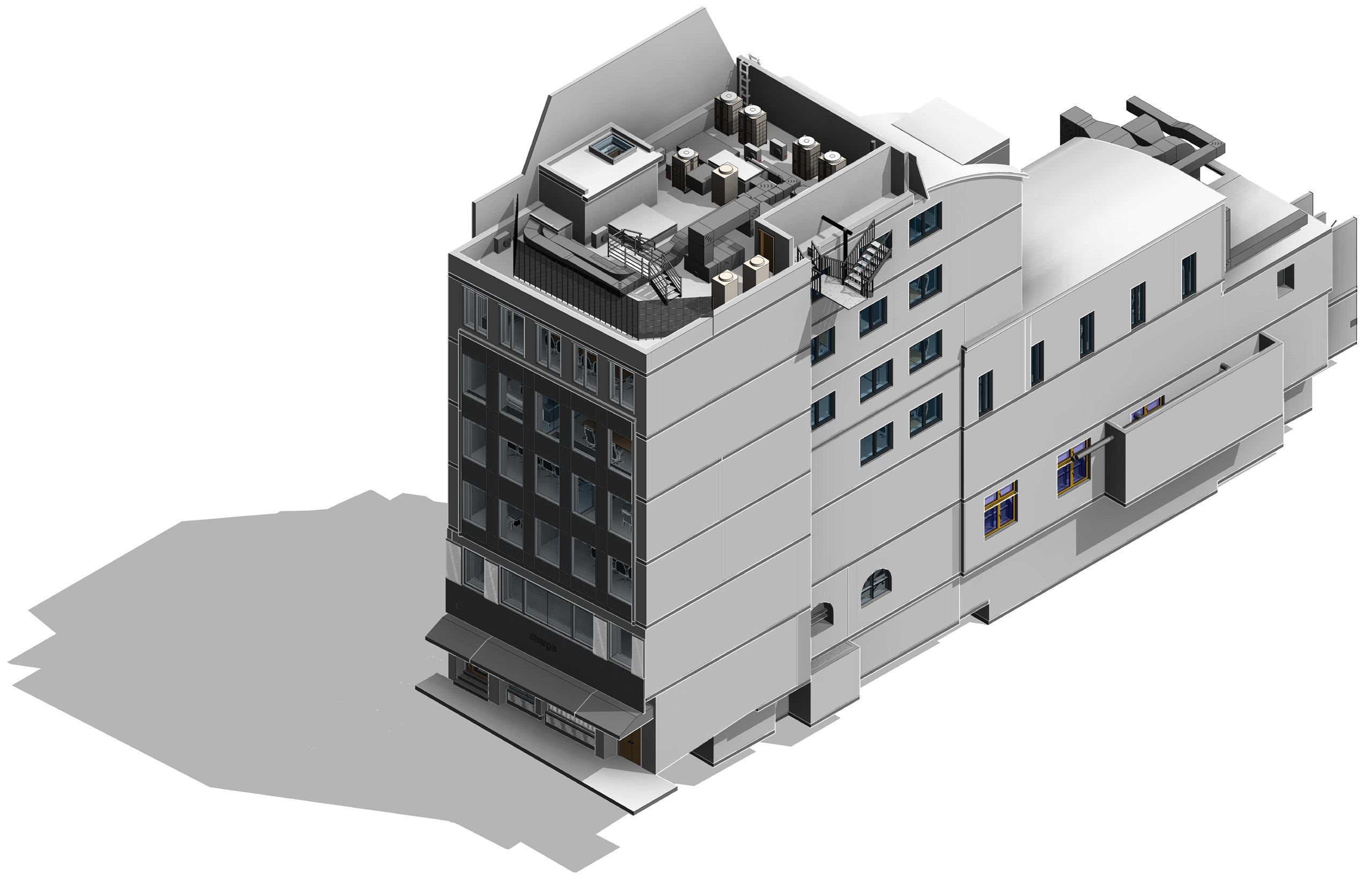 An axonometric view of the whole building model, with the glazed street frontage, rooftop plant deck and barrel-roofed rear wing.