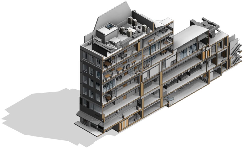 A cutaway axonometric of the as-built model, showing the office floors, meeting rooms and the rooftop plant deck above them.