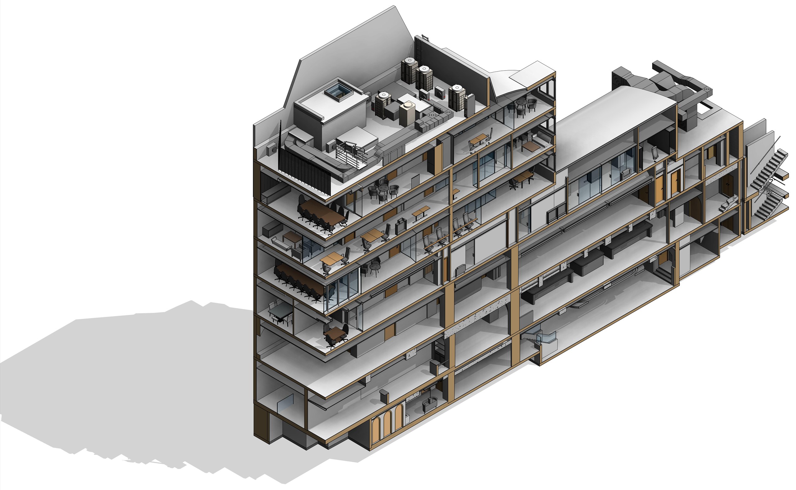 A second cutaway axonometric through the office floors, showing desks, meeting rooms and the services running above the ceilings.