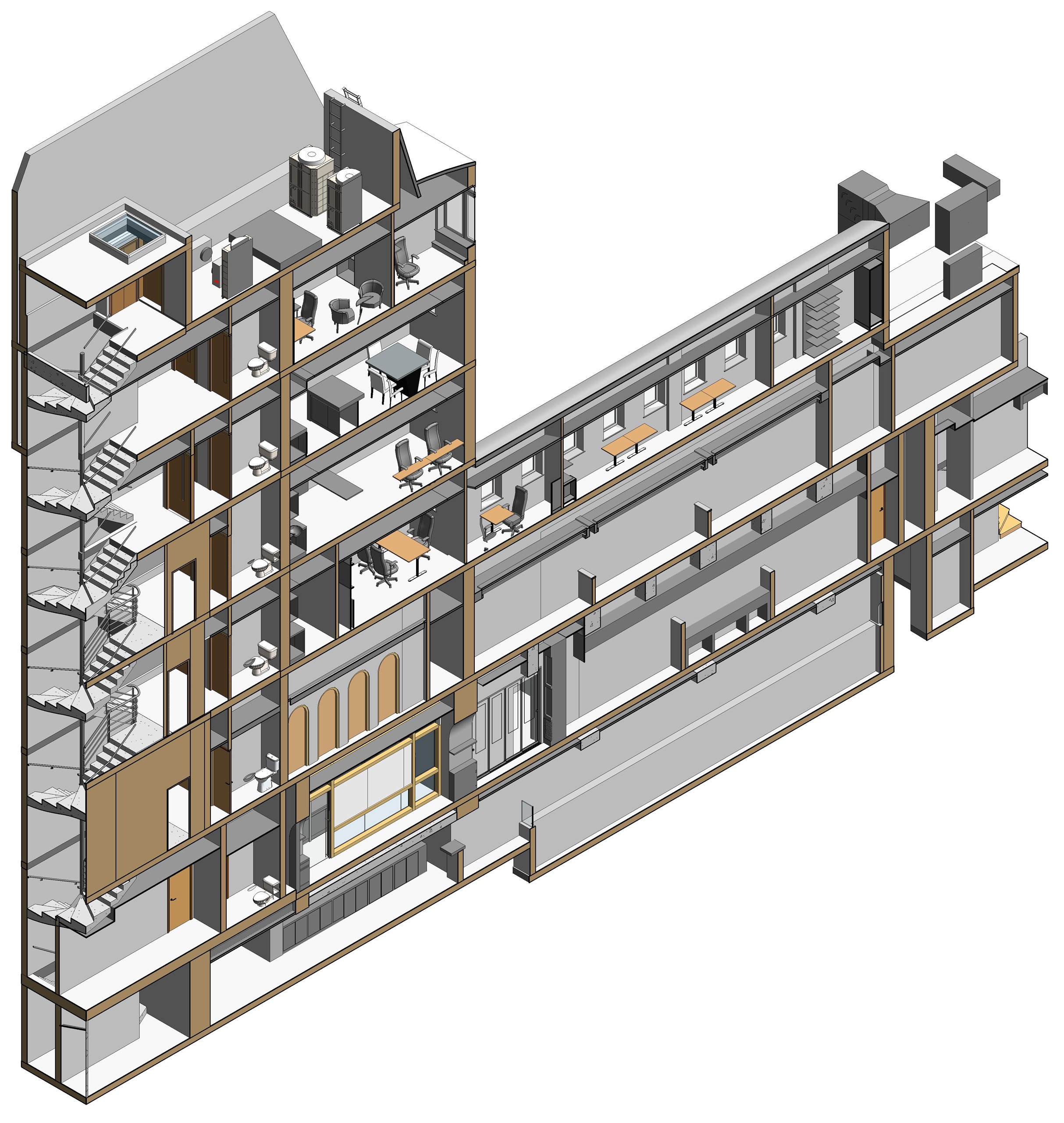 A sectional cutaway through the stair core, showing stacked WCs, office floors, the ground-floor shopfront and the corridor of the rear wing.