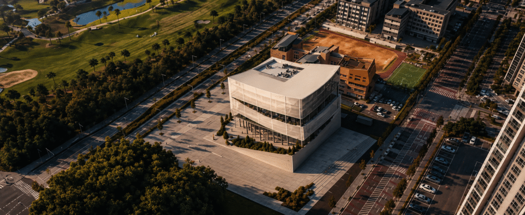 Aerial view of Songdo National Library in its context, with a golf course and park on one side and city blocks on the other.