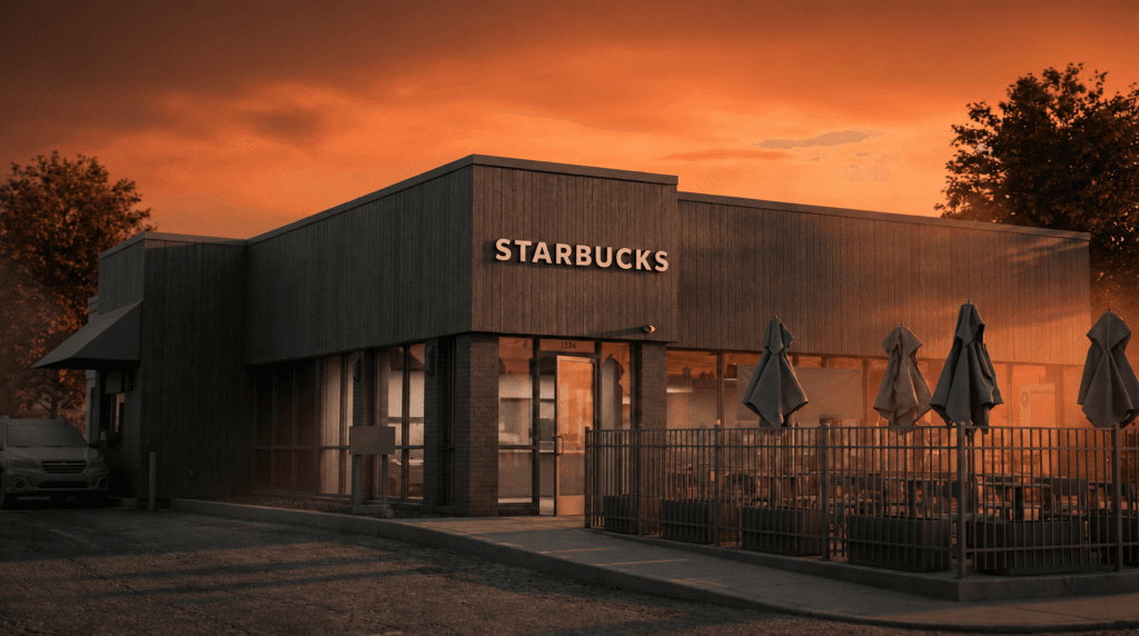 A Starbucks drive-thru store at dusk with dark timber cladding, full-height glazing and a fenced outdoor terrace.