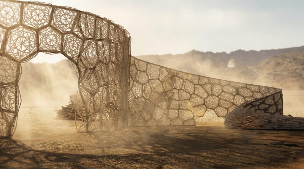 The Algae Pavilion in a dust storm, its cellular timber shell curving away into blowing sand.
