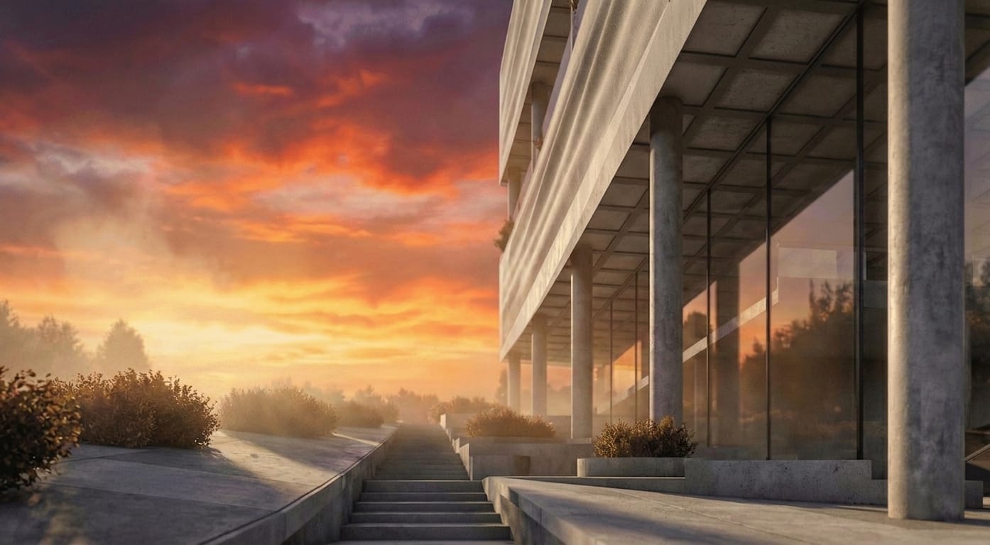 Exterior colonnade of Songdo National Library at sunset, with slender round columns standing in front of full-height glazing.