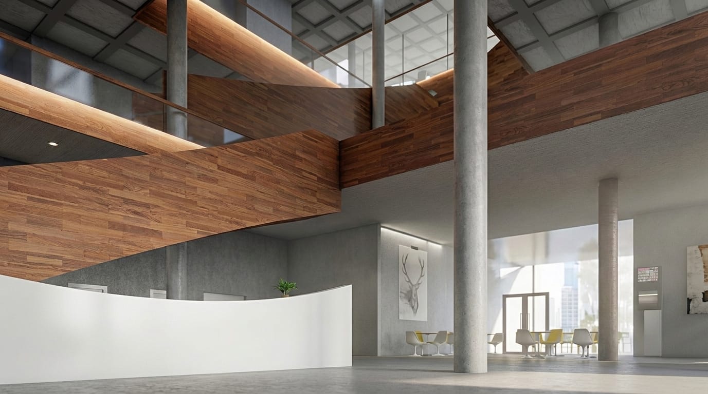 The library entrance hall, with a curved timber stair climbing through the atrium above a white curved reception desk.