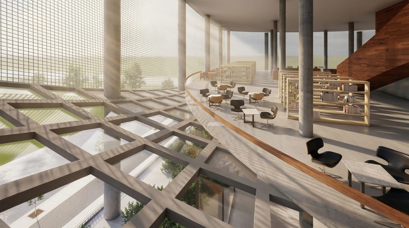 A reading floor at the balcony edge, with bookcases and chairs looking out over a coffered concrete roof and a courtyard below.