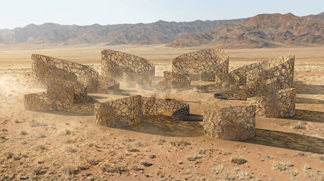 Several Algae Pavilion units arranged across a desert plain, each shading a small courtyard.