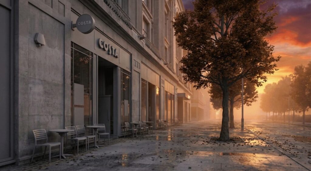 A Costa storefront inserted into a period high-street building at dusk, with pavement tables outside.
