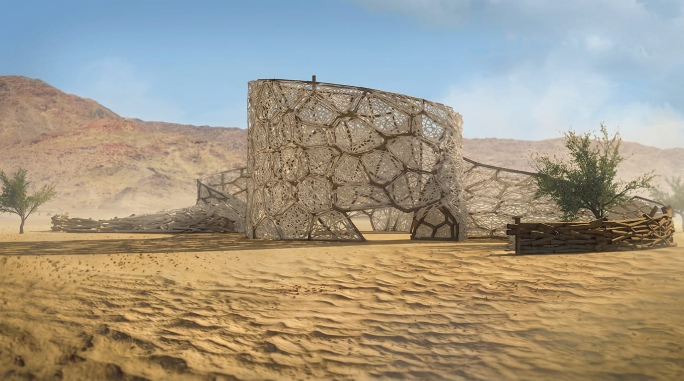The pavilion on a clear day, with bundled-brush bases anchoring the shell and trees growing in its shade.