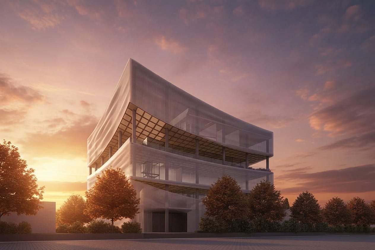 The full library building at dusk, wrapped in a perforated white screen with a curved upper edge.