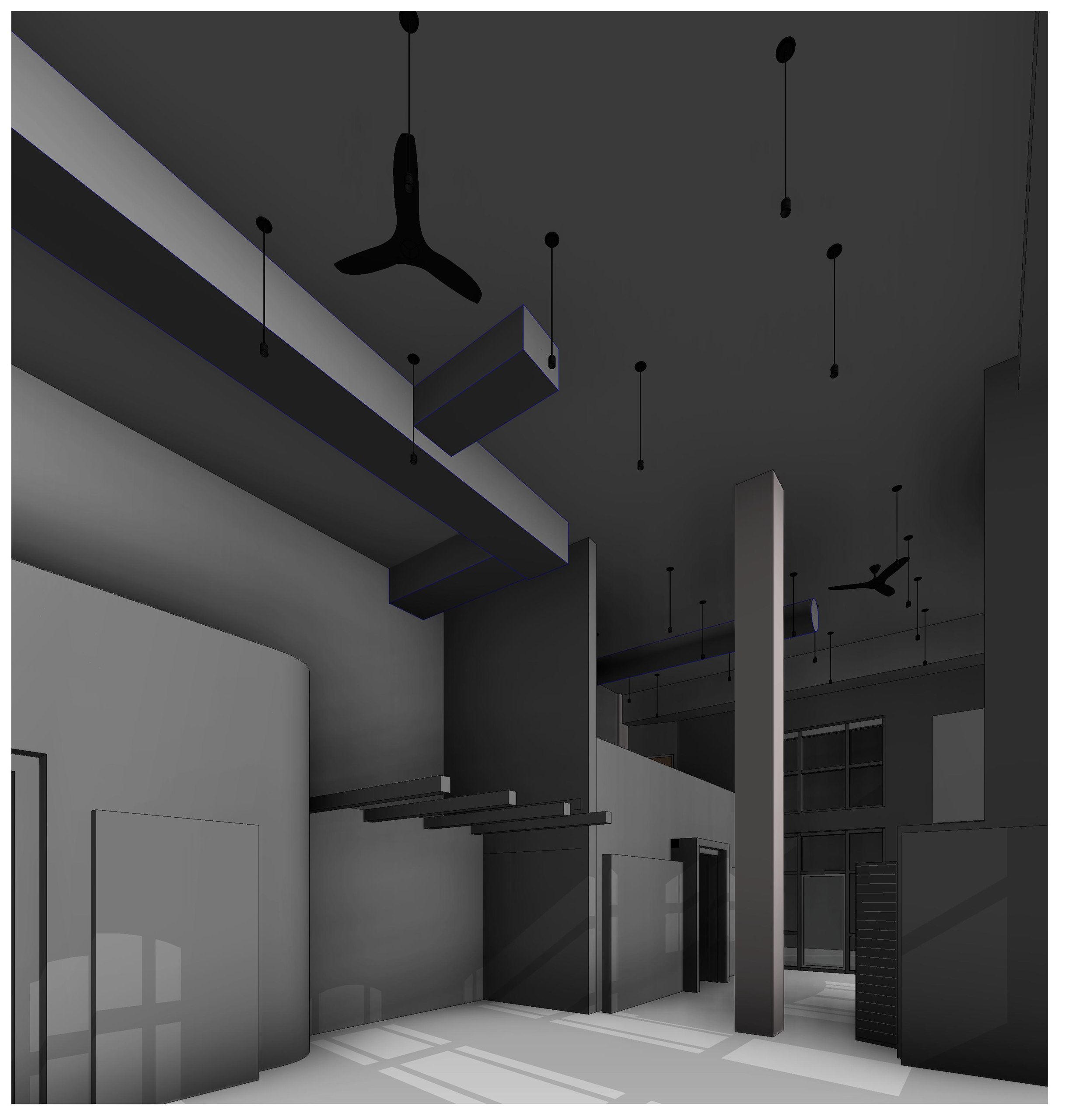 A double-height interior space with exposed beams, pendant lights and a ceiling fan, looking toward a glazed opening.