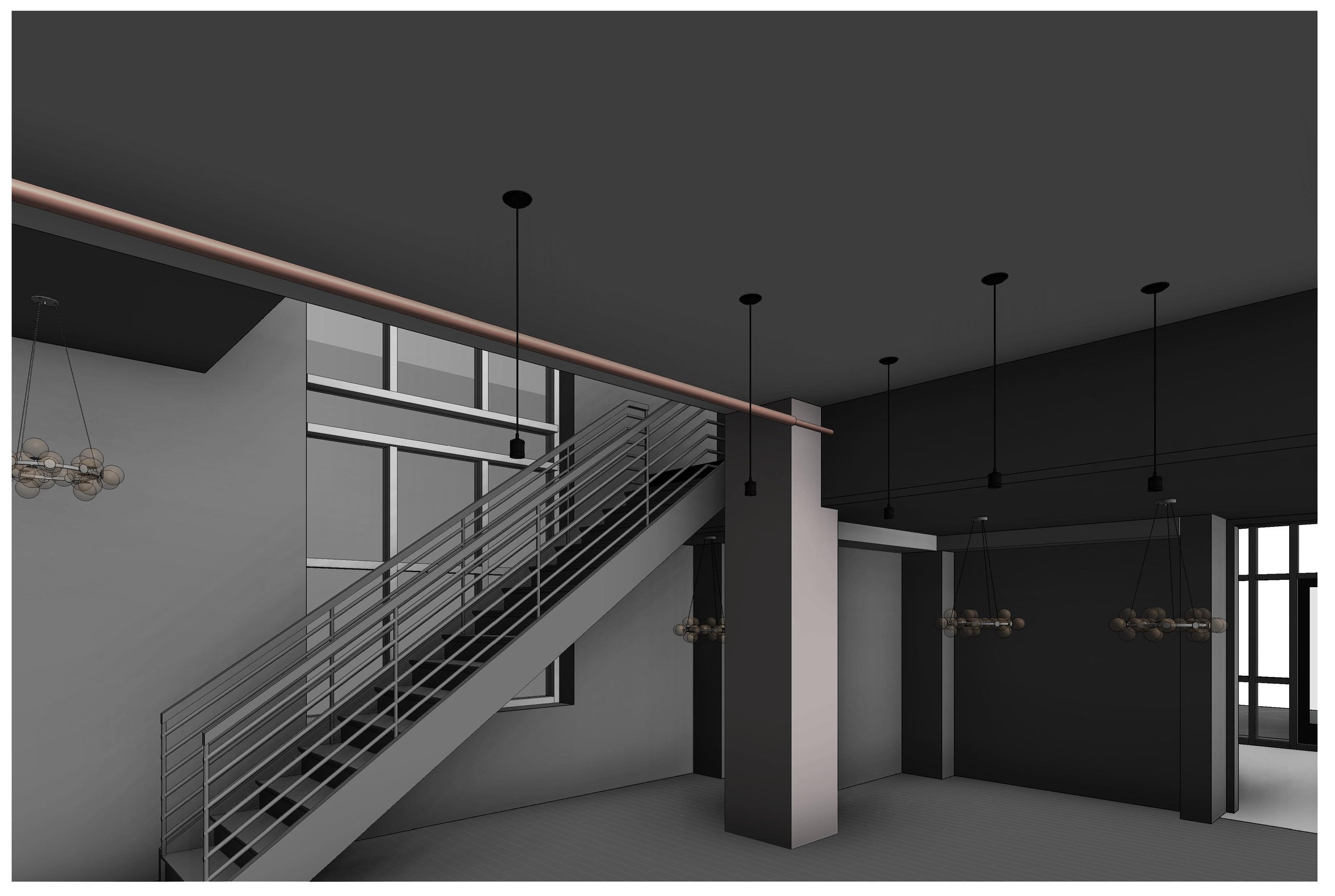 An interior view of the open feature stair, with globe chandeliers, pendant lights and tall windows behind it.