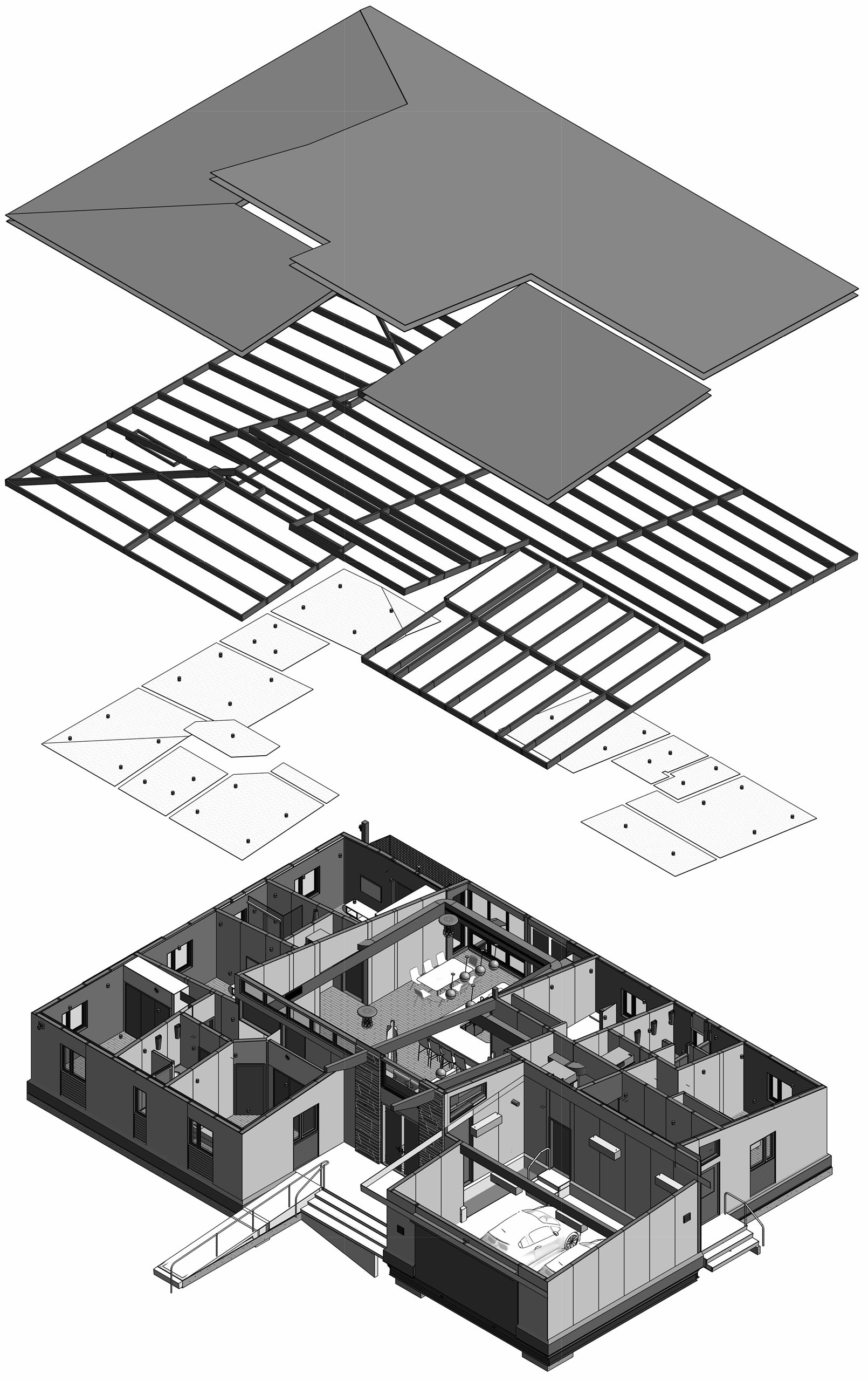 An exploded axonometric of the house, with roof planes, timber roof structure, floor build-ups and the fitted interior separated into layers.