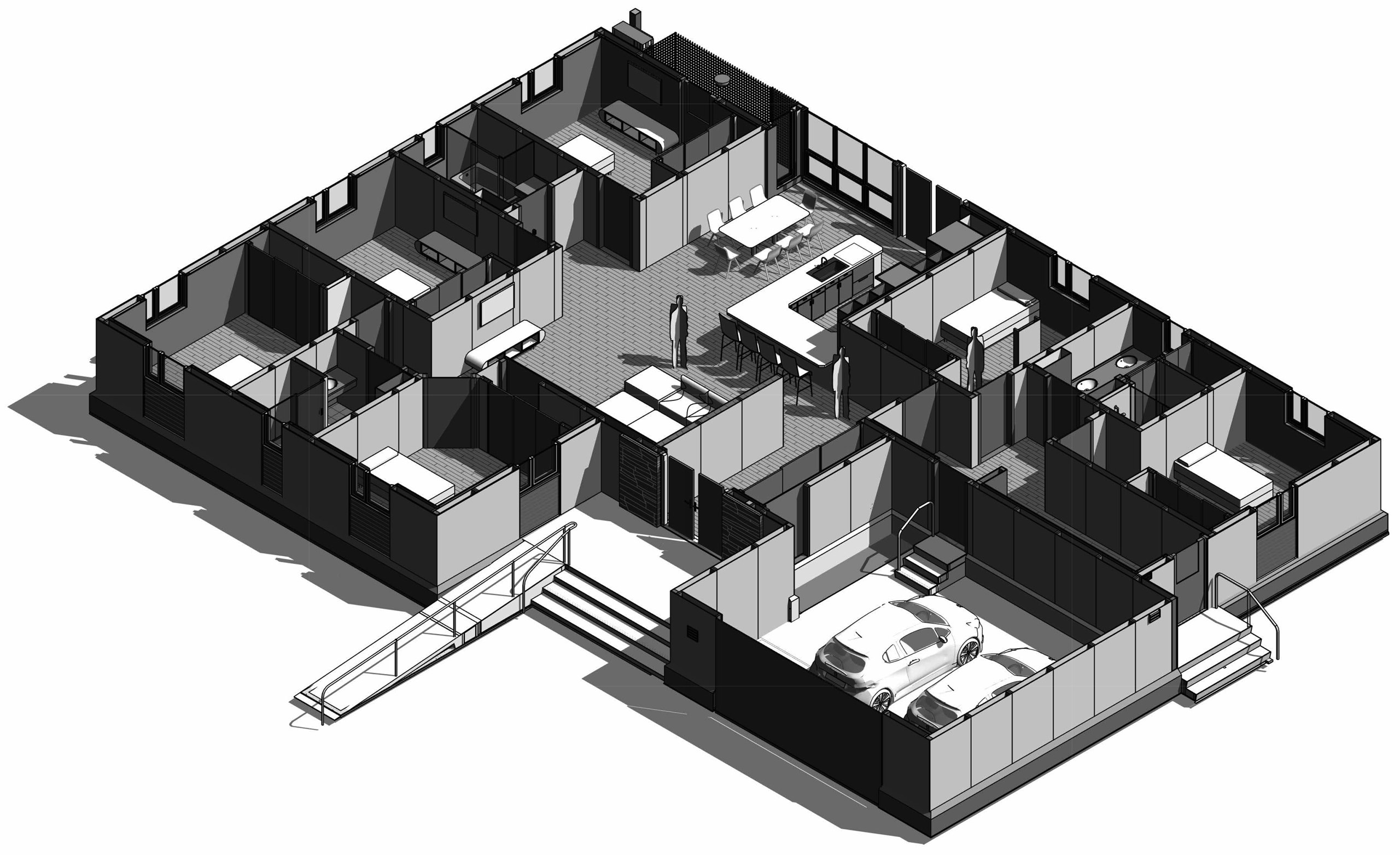 A cutaway axonometric plan of the house, showing bedrooms, the open living space, kitchen and the integral garage.