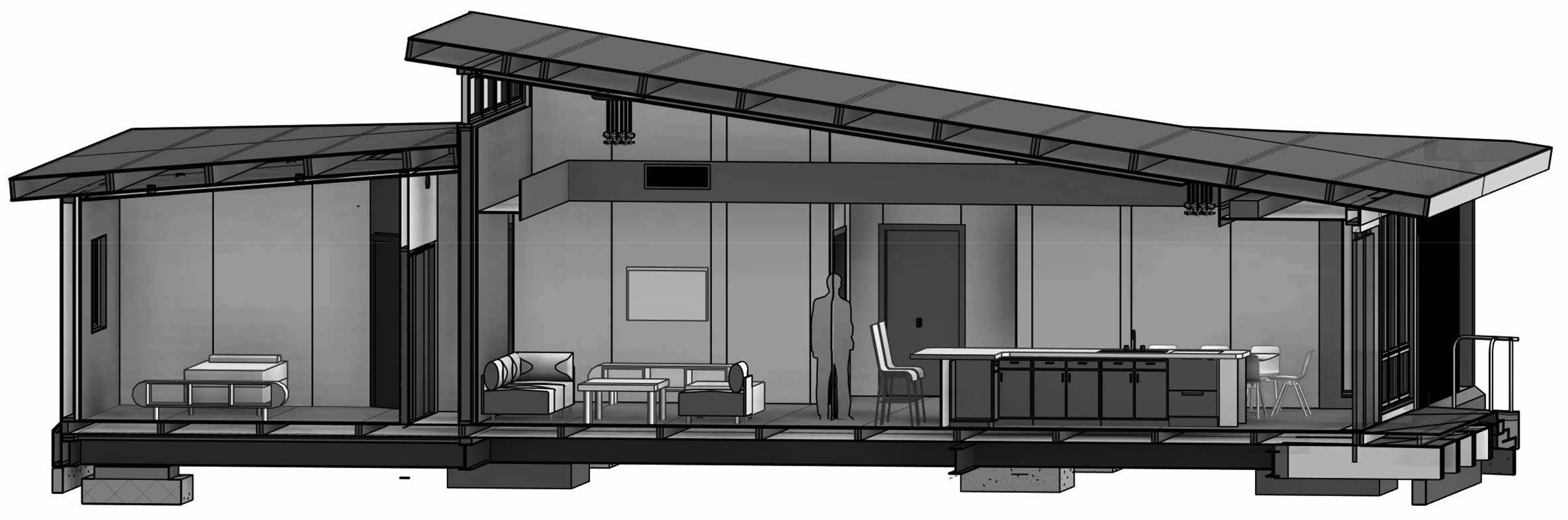 A long section through the house, showing the mono-pitch roofs, deep eaves, living space, kitchen and the foundation pads below the floor.