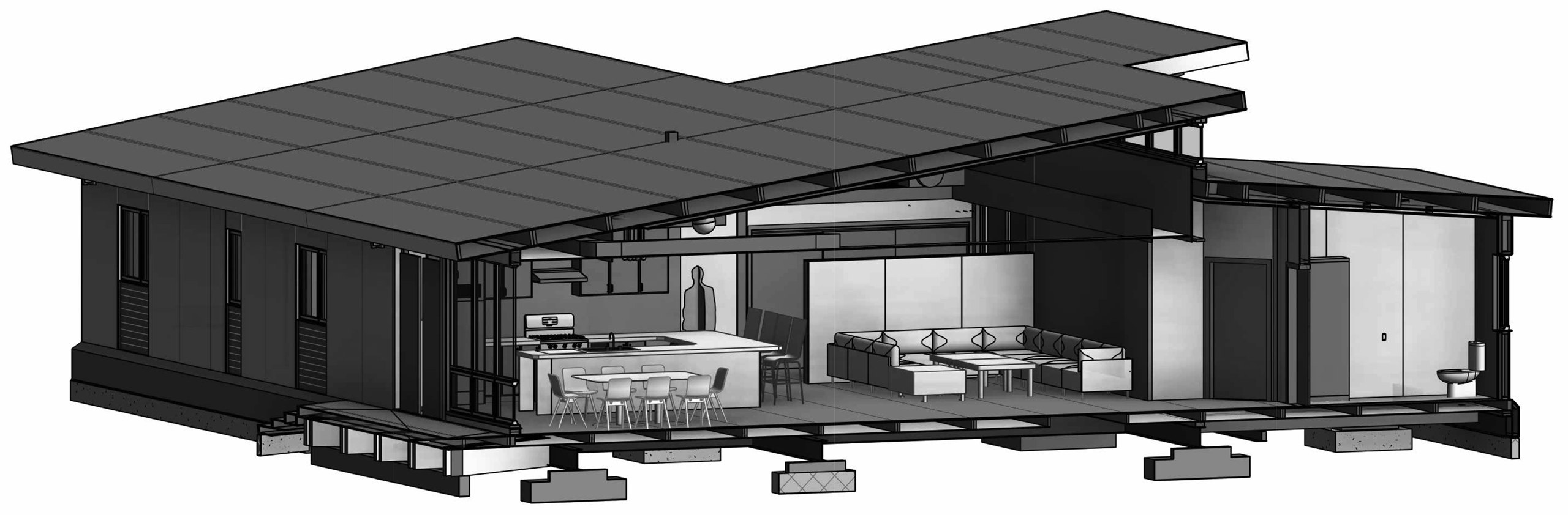 A second long section, cutting through the kitchen island, dining area and lounge seating beneath the mono-pitch roof.