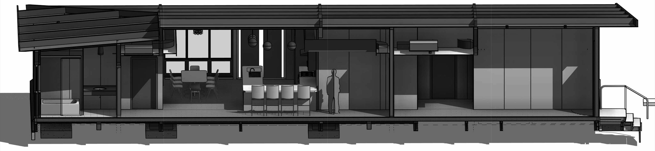 A third long section, through bar seating, the dining area, a bathroom and the full-height glazing at the end of the plan.