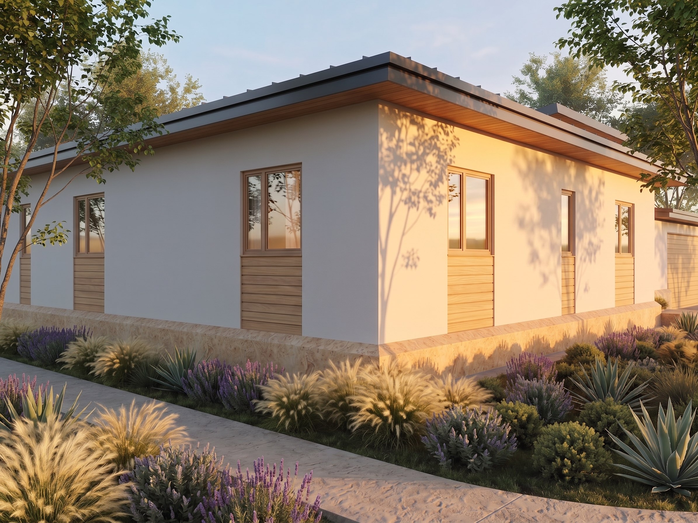 A corner view of the house at sunset, with white rendered walls, timber-clad panels beneath the windows and a low stone base course.
