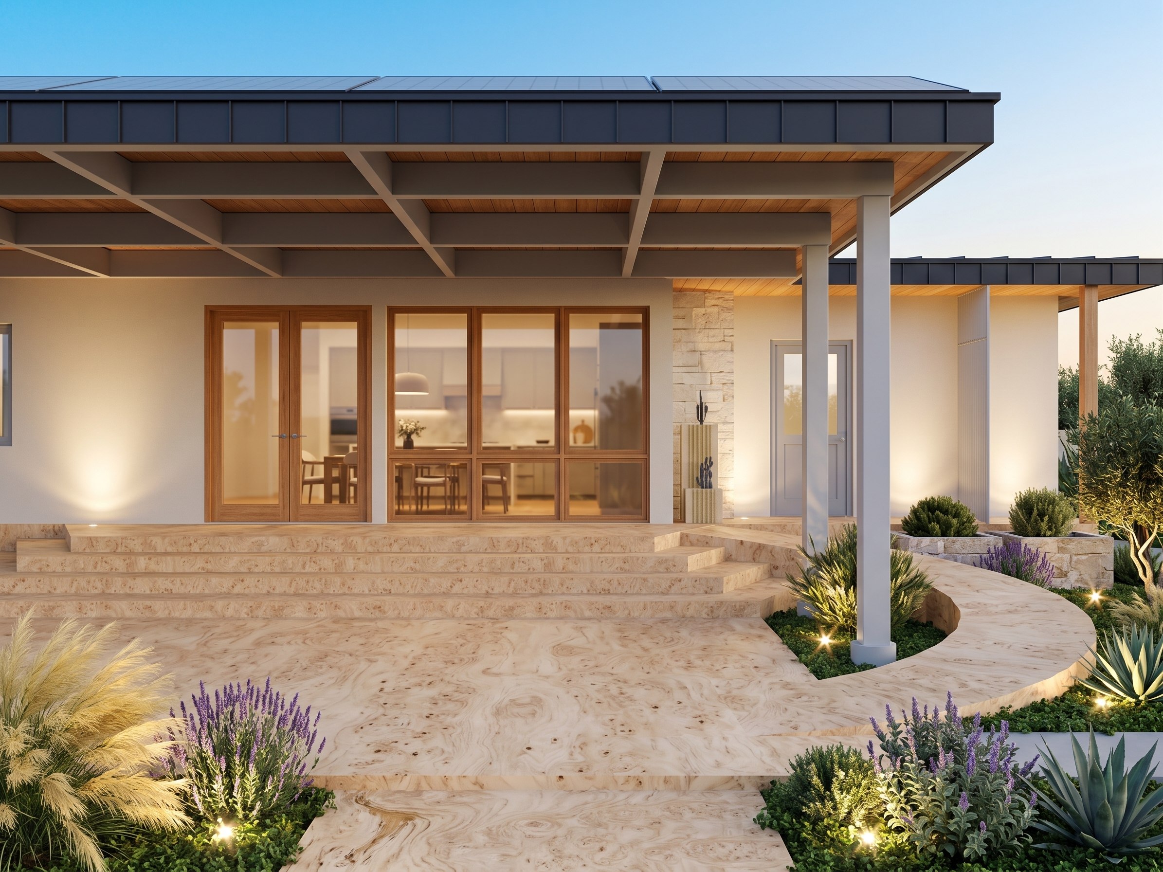 A covered terrace along the house, with timber-framed glazed doors, slender columns and stone steps down to the planting.