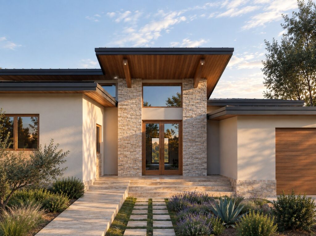 The entrance to JH Residence at dusk, with stone piers carrying a deep timber-lined eave above a pair of timber doors.