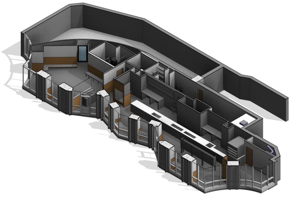 A cutaway axonometric of the curved retail floor, showing the storefront glazing, the servery counter and the back-of-house behind it.