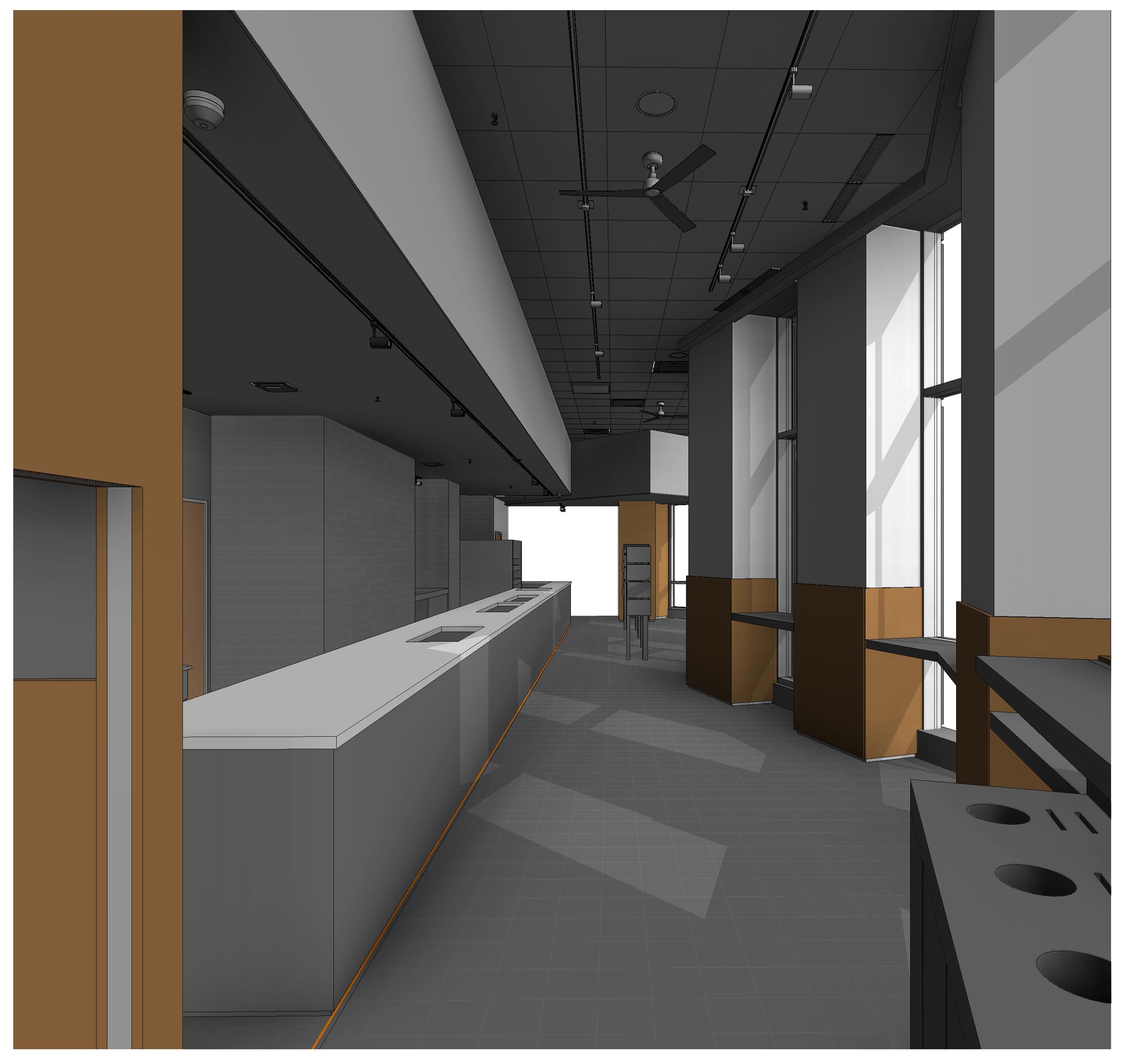 An interior view along the servery counter, with ceiling fans, track lighting and tall windows to the street.
