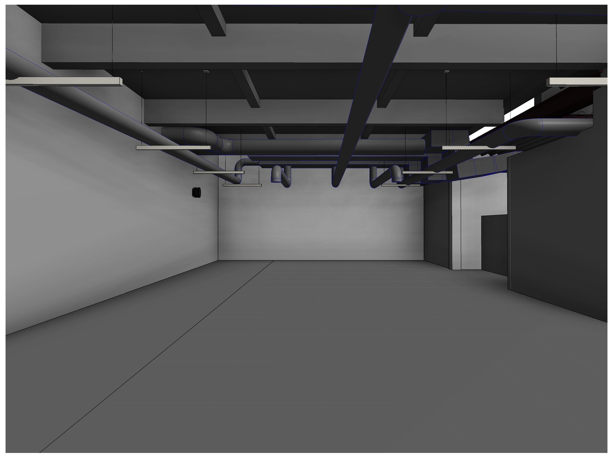 An empty tenant space with exposed ductwork, deep beams and suspended linear light fittings.