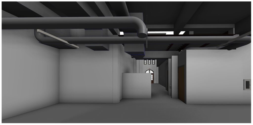 An interior view of a tenant space, with ductwork and deep beams overhead and an arched doorway at the far end.