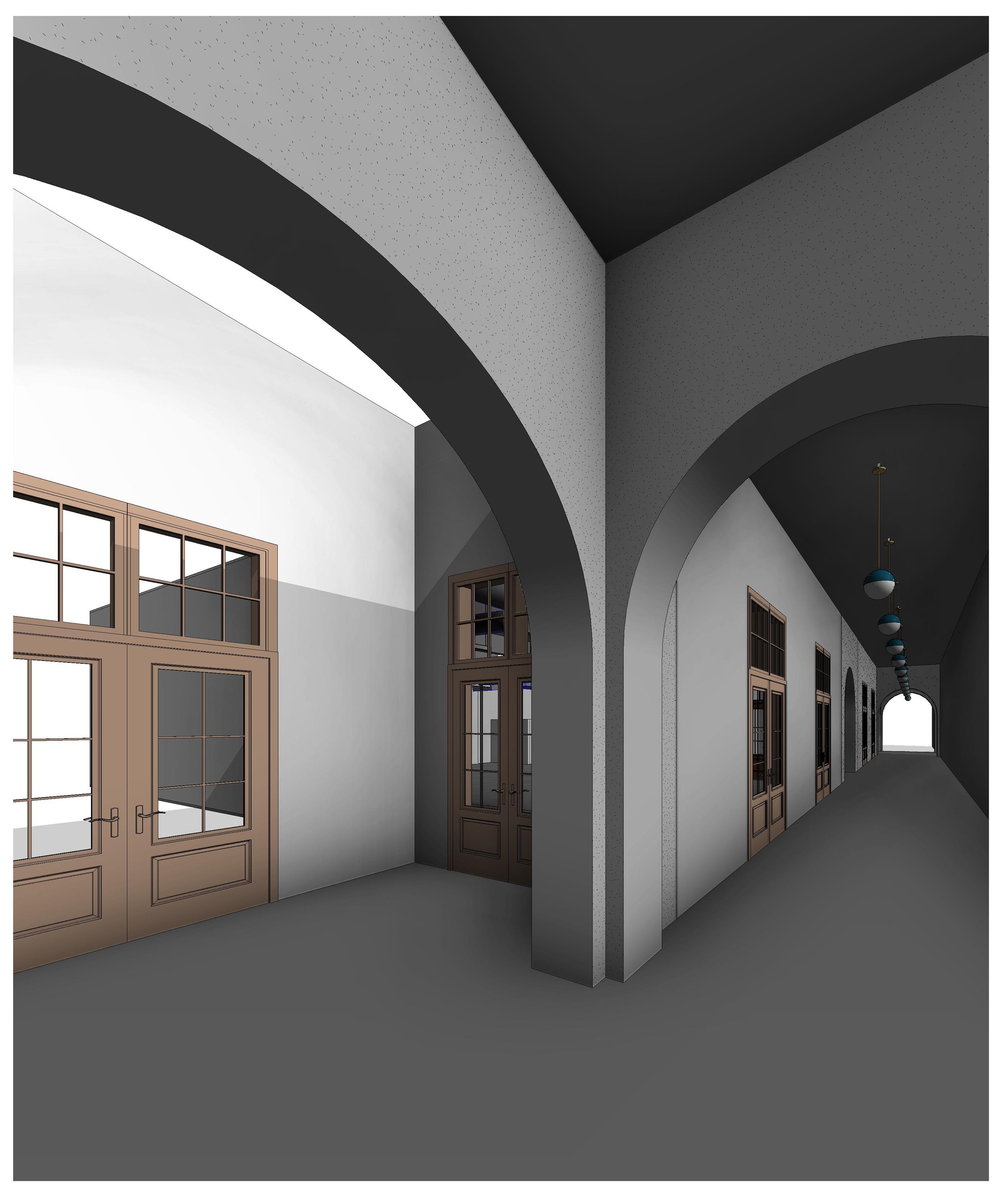 A vaulted arcade with timber-framed doors, transom windows and globe pendant lights receding down the corridor.