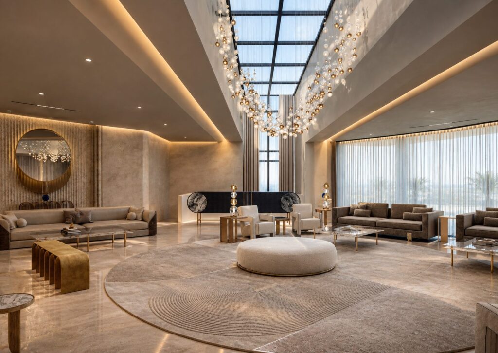 The main salon, with a long linear skylight overhead and a cascade of glass and brass spheres hanging its full length above a circular rug and a round ottoman.