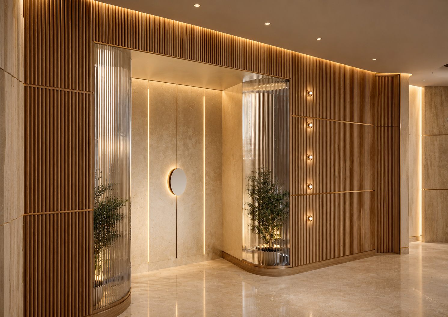 A corridor wall of fluted timber and stone, with curved reeded-glass screens lit from within and planting behind them.