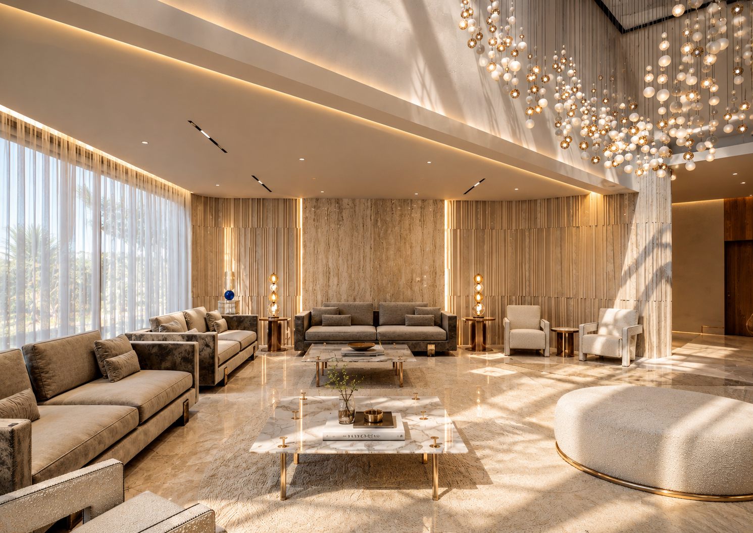 The salon in daylight, with sheer curtains along a full-height window wall, fluted travertine panelling and palms visible outside.