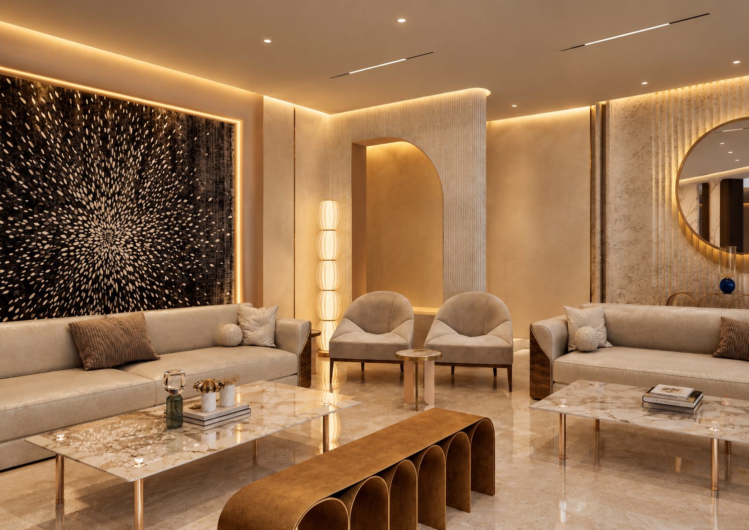 A seating area in front of a large dark textured artwork wall, with a lit arched recess and a fluted floor lamp.