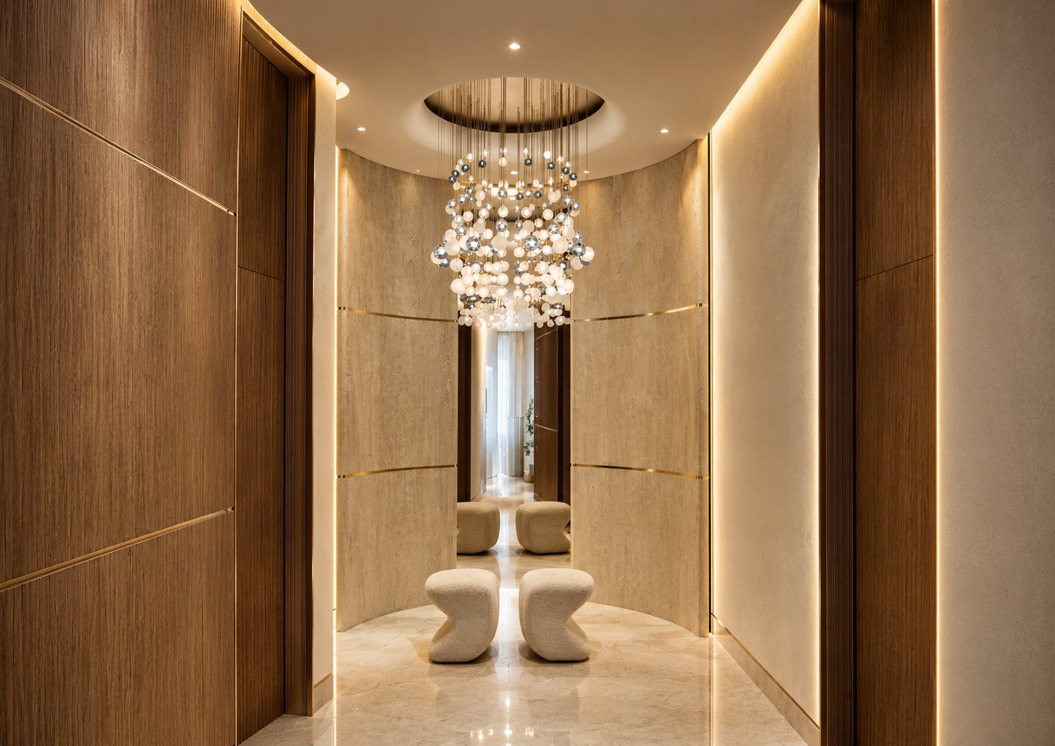 A corridor with timber-panelled walls, a circular ceiling recess holding a sphere chandelier, and two boucle stools below it.