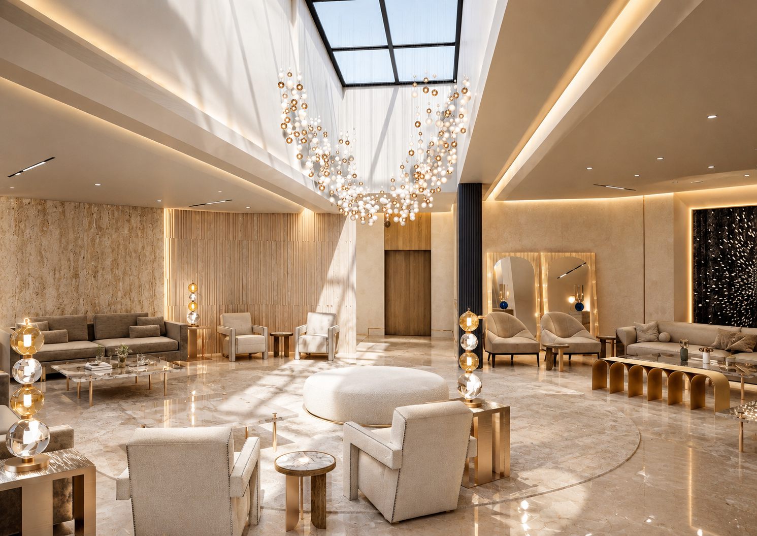 The main salon in strong sunlight, with the sphere chandelier overhead, travertine walls and grouped seating on a circular rug.