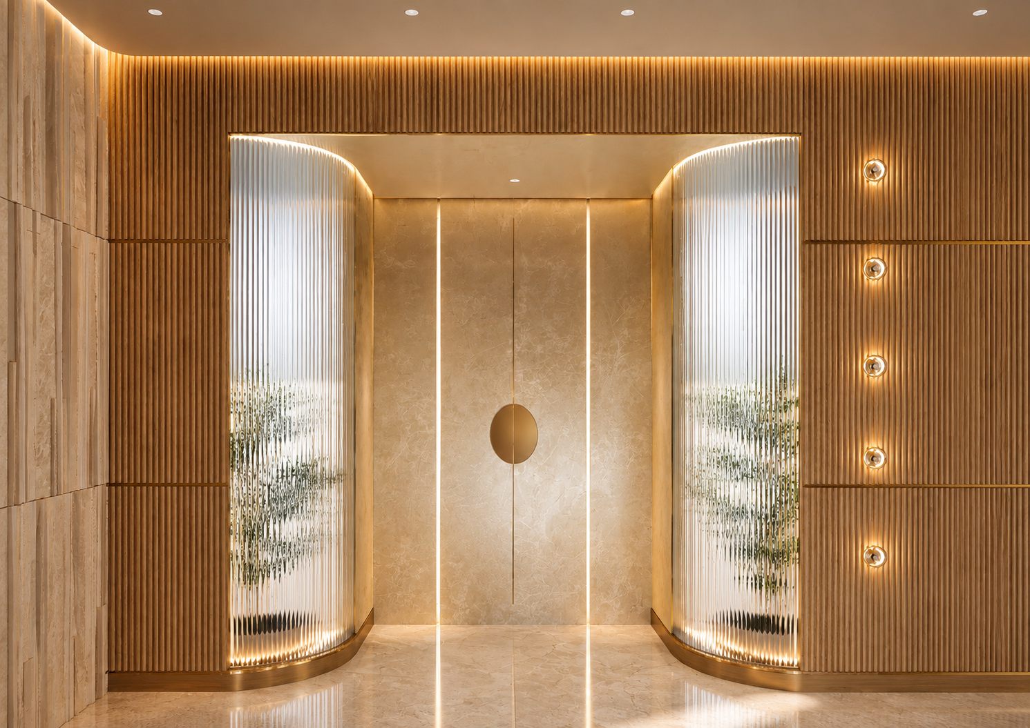 An entrance wall of fluted timber with two curved reeded-glass screens flanking a stone panel and a brass door pull.