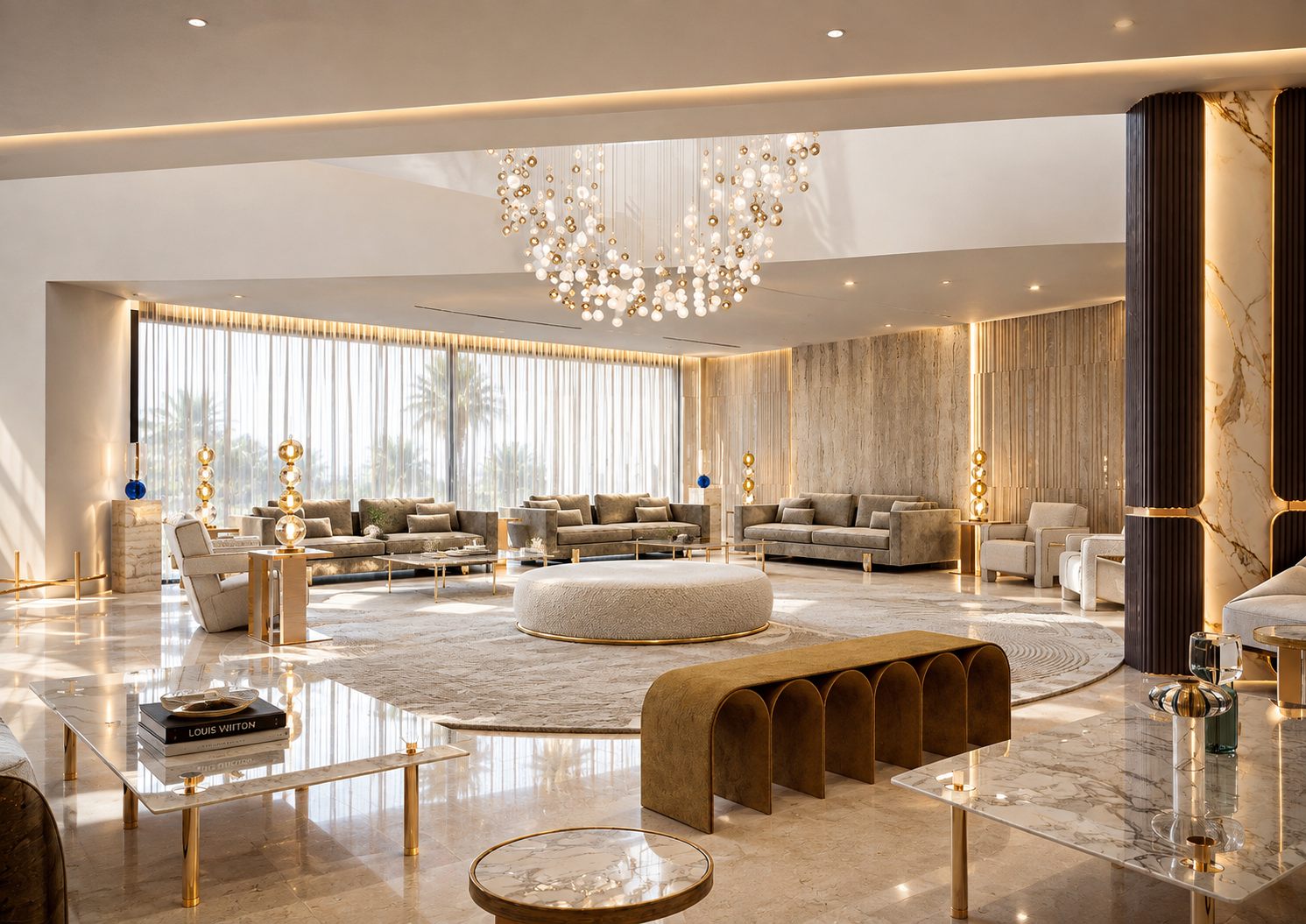 A wide view of the salon, with an arched brass bench in the foreground, grouped sofas beyond and a marble-clad column.