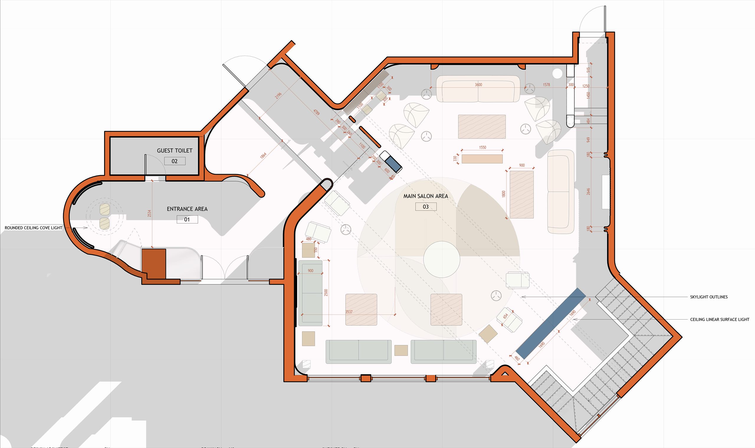 A furniture plan of the lounge, labeling the entrance area, guest toilet and main salon, with dimensions and the skylight outlines marked.
