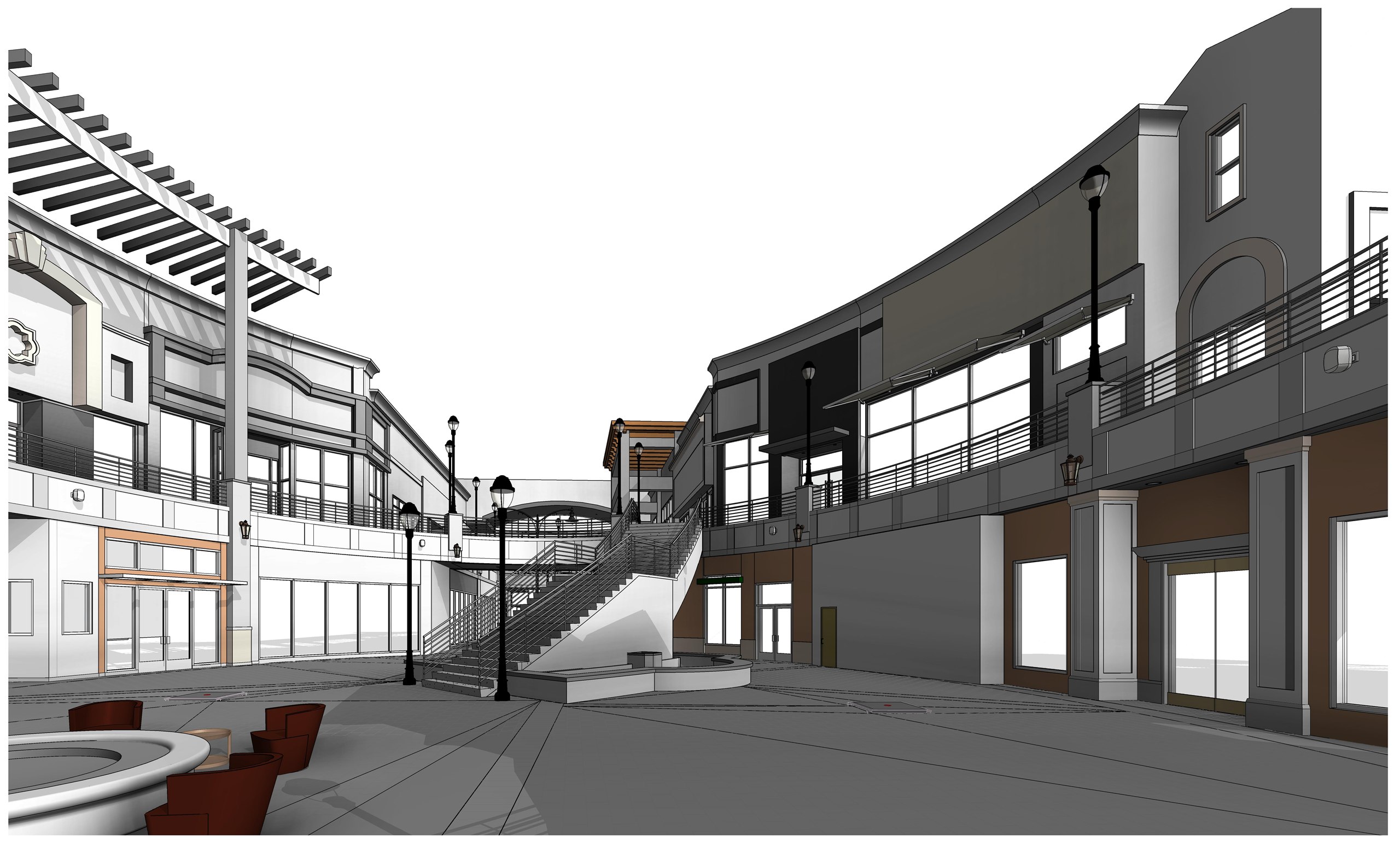 A plaza between two-level storefronts, with a feature stair, street lamps, a pergola and seating around a circular water feature.