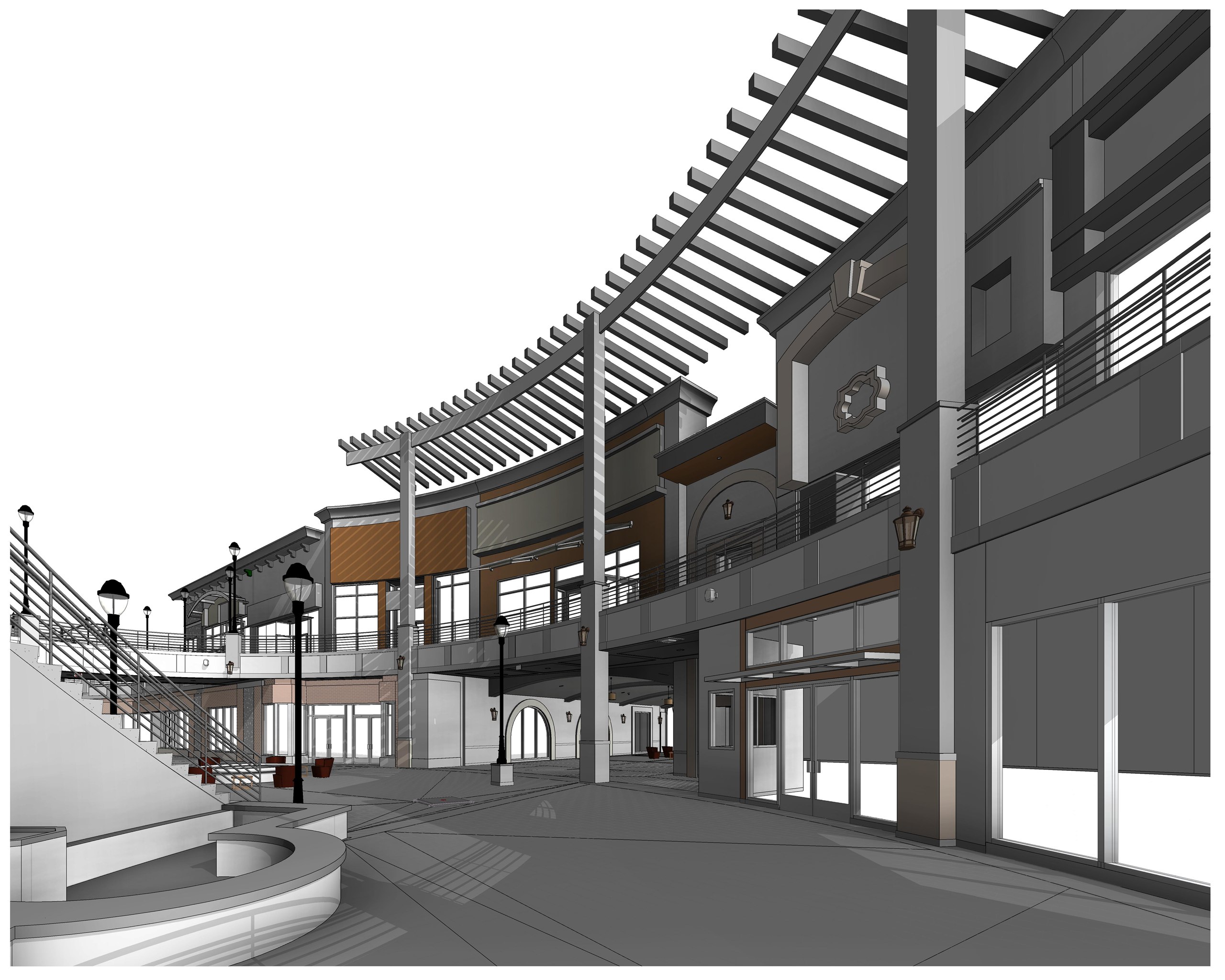 A pedestrian street with a long curved pergola overhead, two-level storefronts and a quatrefoil detail set into the facade.