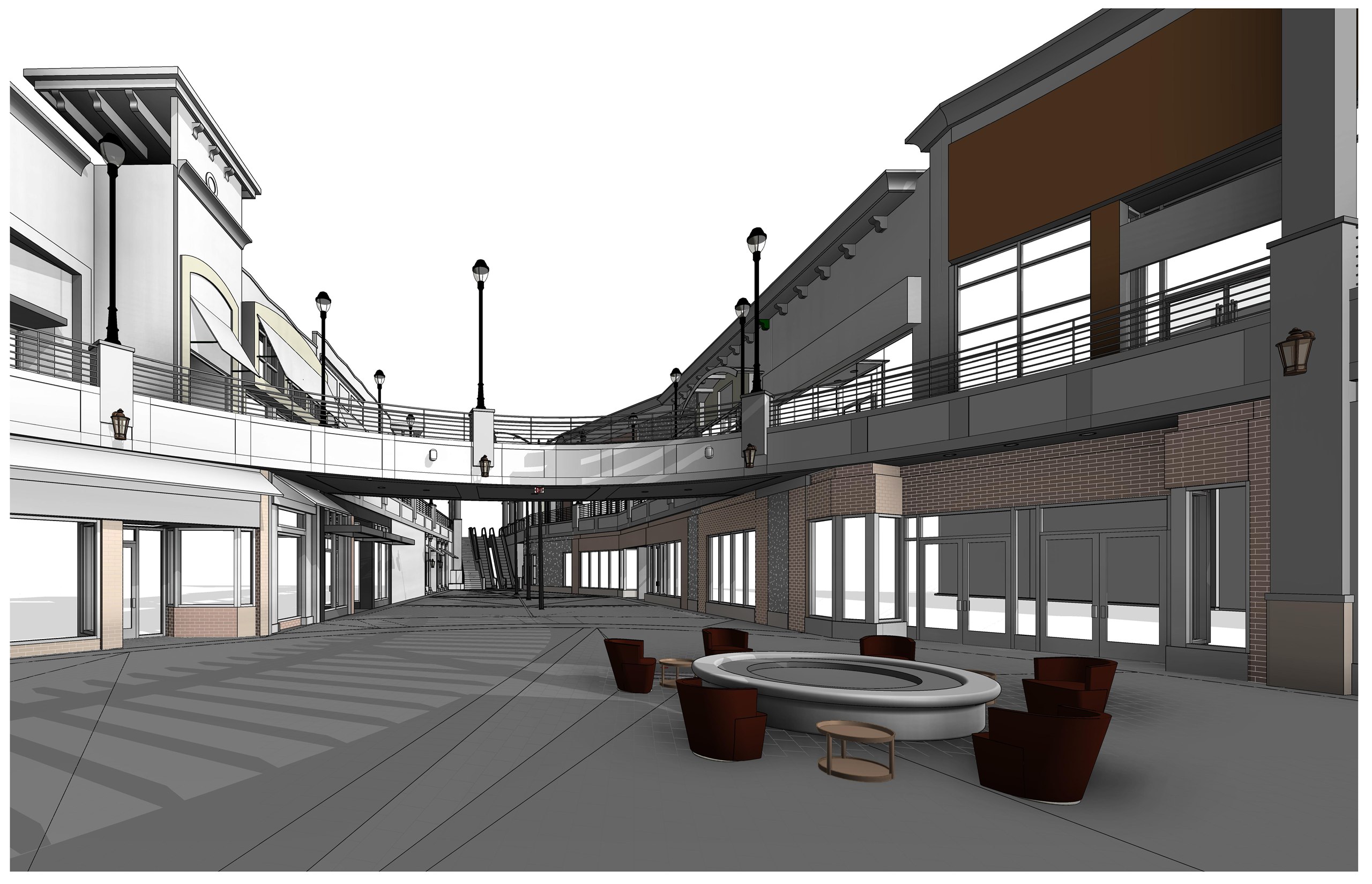 A pedestrian street looking toward the escalators, with storefronts to either side and lounge seating around an oval fire feature.
