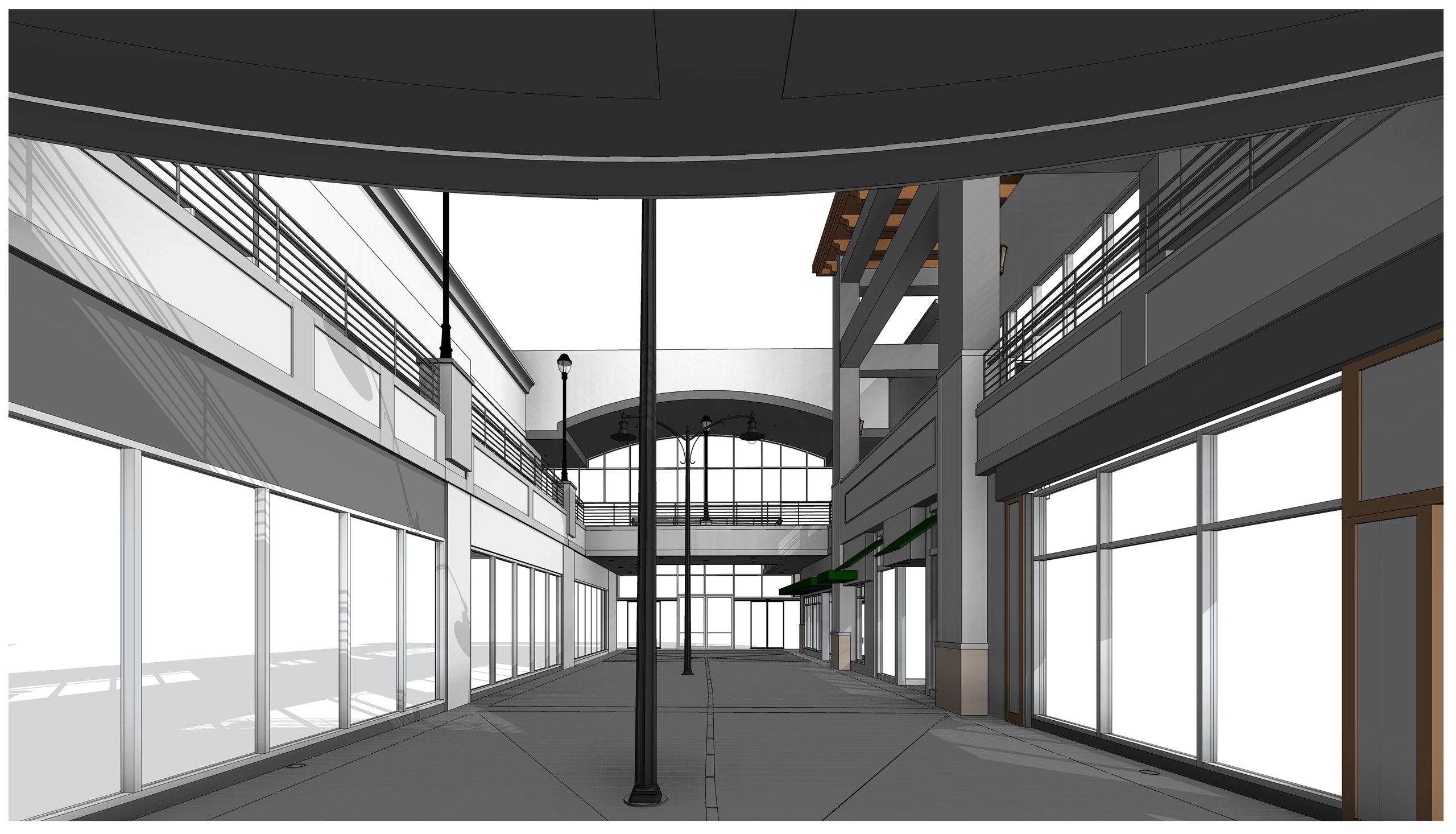 A pedestrian street beneath an upper walkway, with storefronts either side and an arched glazed feature at the far end.