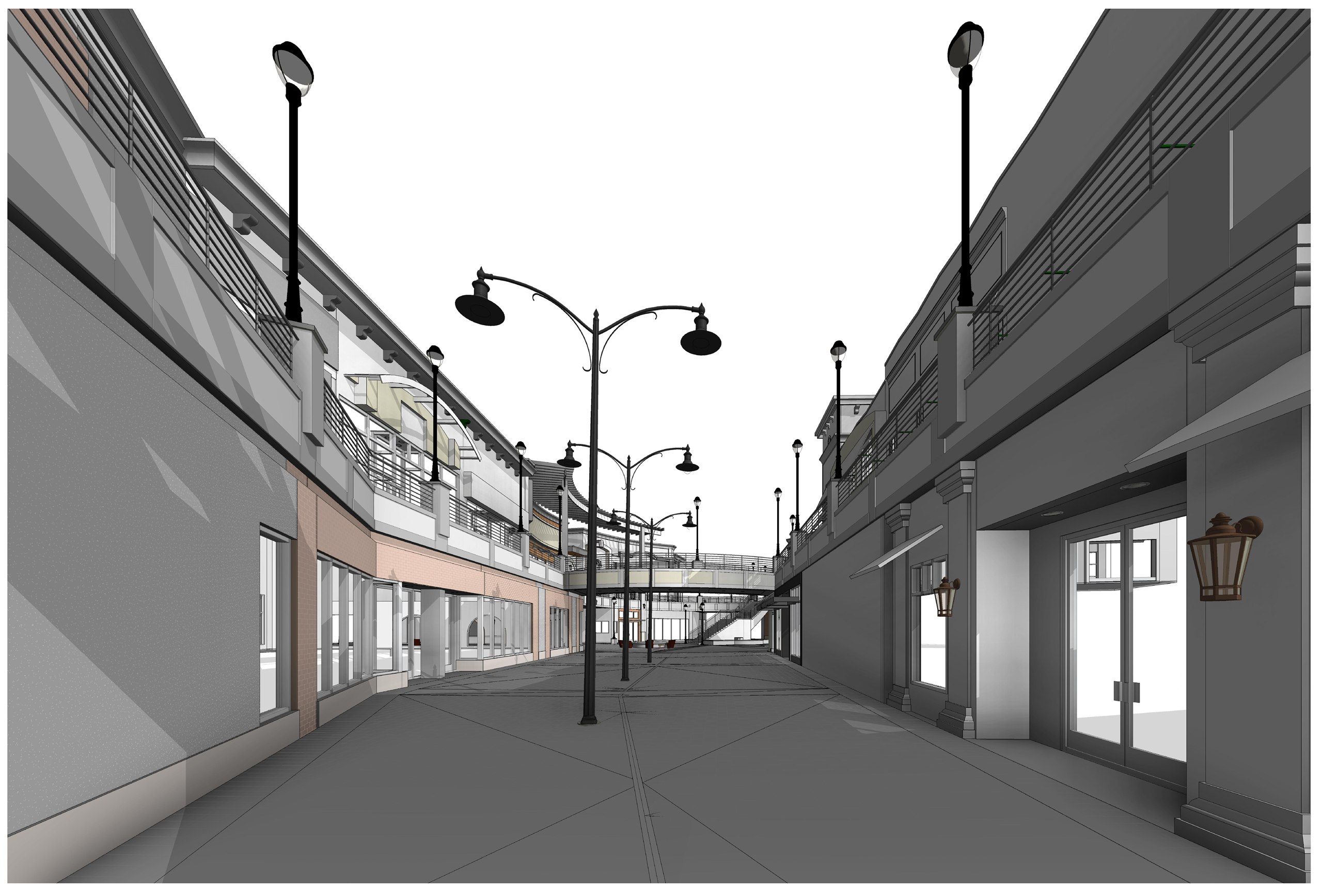 A pedestrian street lined with tall ornate lamp standards, with an upper-level bridge crossing at the far end.