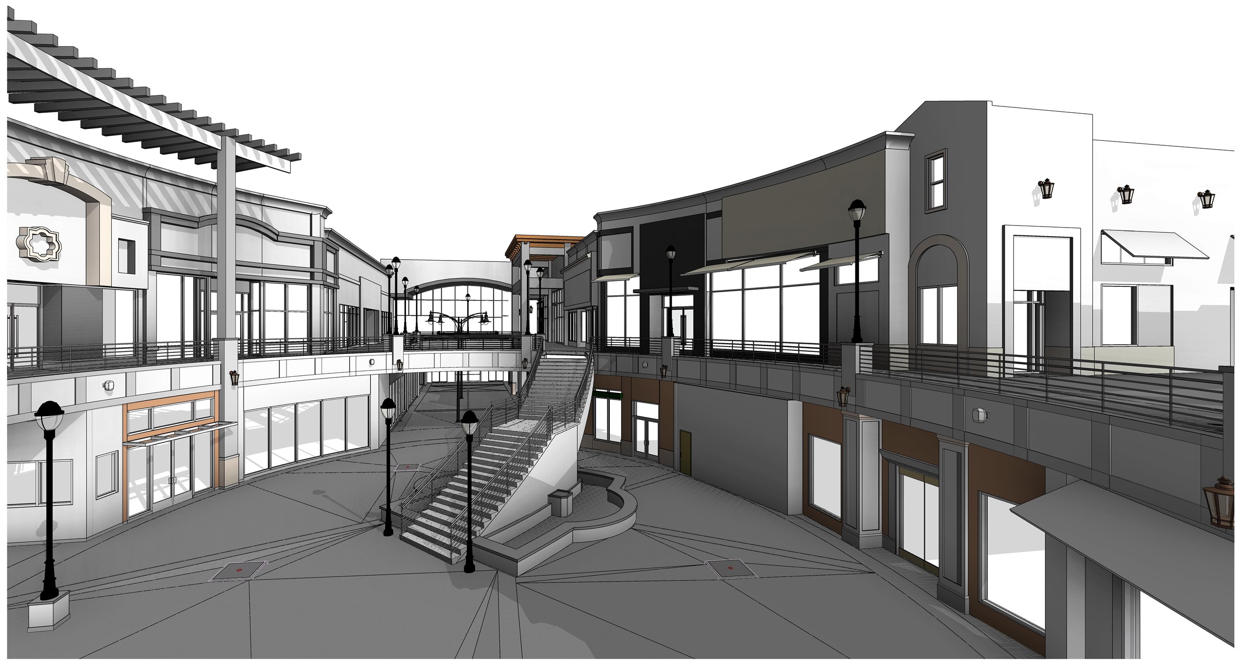 A curved plaza seen from the upper level, with a feature stair descending to the lower storefronts.