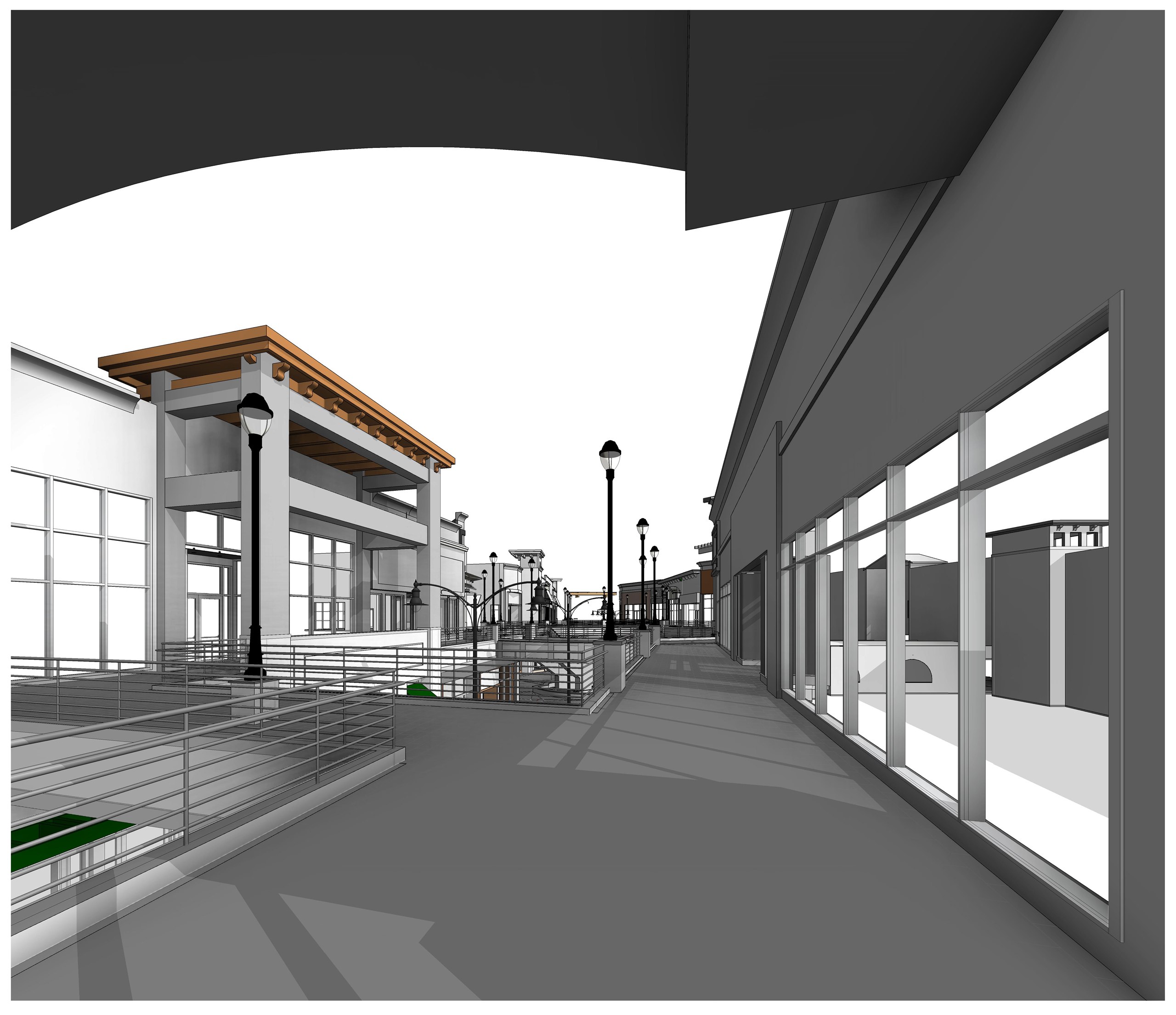 An upper-level walkway under a timber pergola, with storefronts on one side and a rail overlooking the street below.