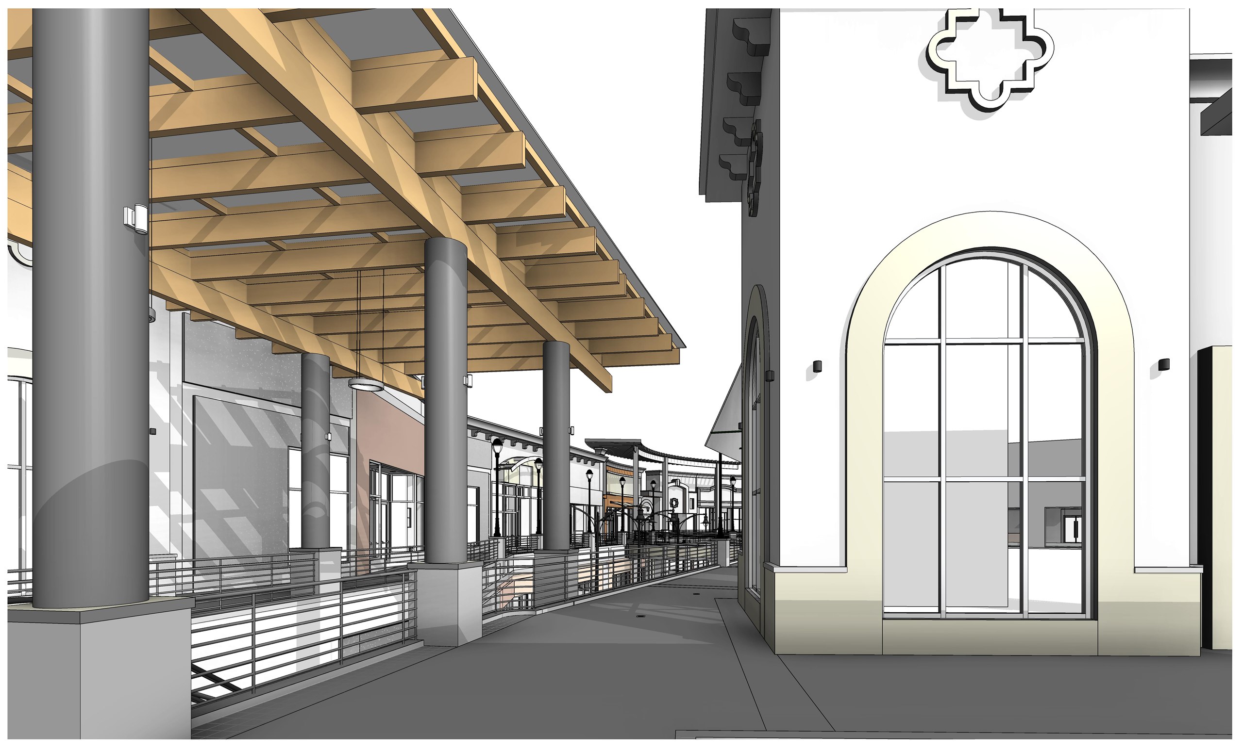 A walkway beside a rendered facade with a tall arched window and a quatrefoil detail, under a timber pergola carried on round columns.