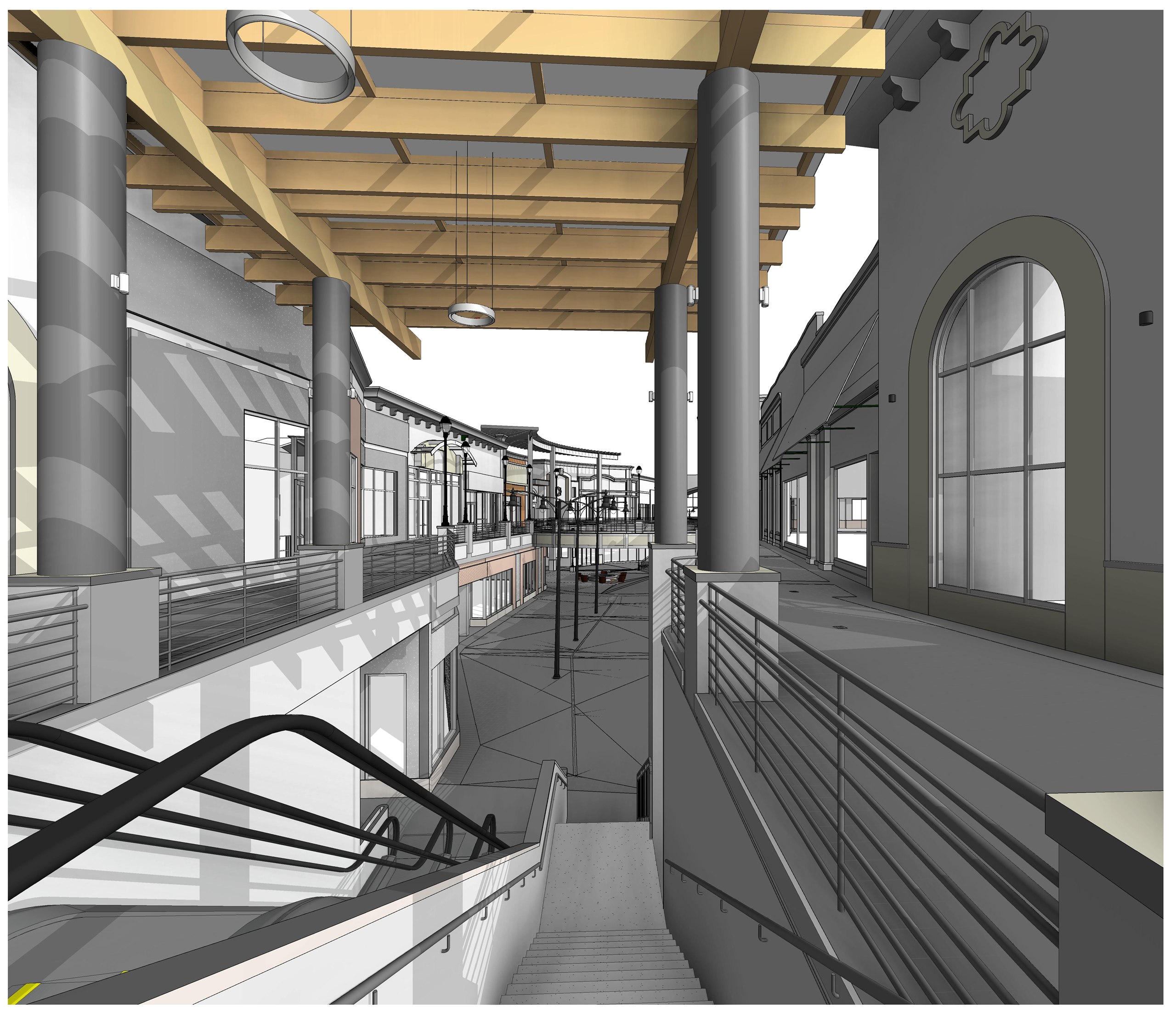 A view from the upper level down over an escalator and stair, with the pergola overhead and storefronts beyond.